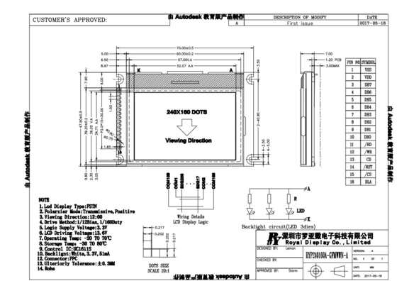 FSTN 240*160 Modulo LCD Gráfico Com UC1611S Monócromo e Ecrã Positivo