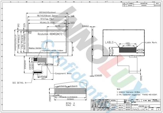 4.3 polegadas Innolux LCD Module Panel 480*3RGB*272 TFT Display Anti-Glare Digital