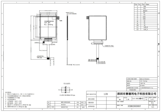 2.8' IPS LCD Module 240*320 RGB Free View Display de Alto Contraste personalizável