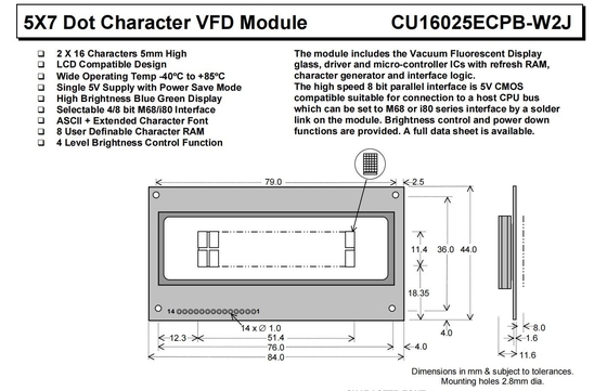 Modulo VFD 5*7 DOT 2*16 Caracter Cu16025ecpb-W2j Interface paralela de 8 bits