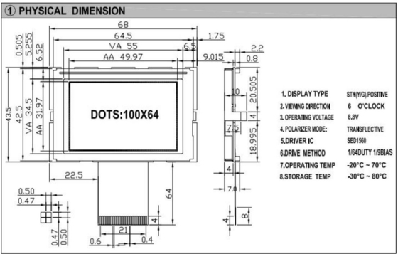 100*64 Modulo gráfico LCD STN 6H com SED1560 Display amarelo verde de ampla temperatura Personalizavel