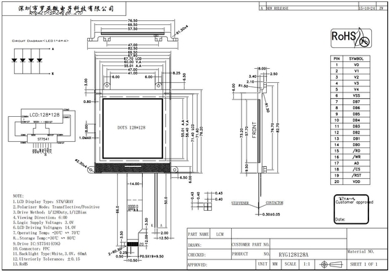 128*128 Modulo gráfico LCD STN Cinza 6H Com ST7541 Conector FPC de ampla temperatura