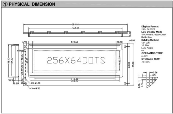 256*64 Modulo gráfico LCD STN Amarelo Verde 6H Exibição industrial positiva
