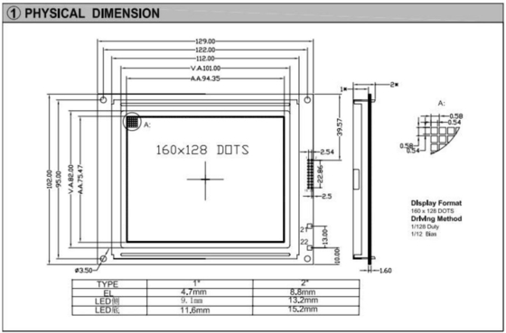 Modulo LCD gráfico 160*128 6H 12H com iluminação de fundo T6963C STN