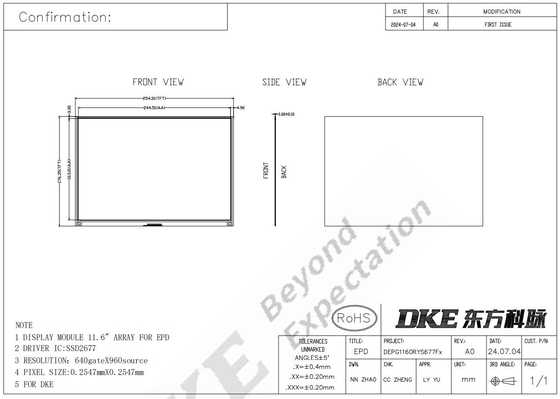 11.6' 4 cor 960*640 TFT MCU interface de alto contraste E-papel EPD
