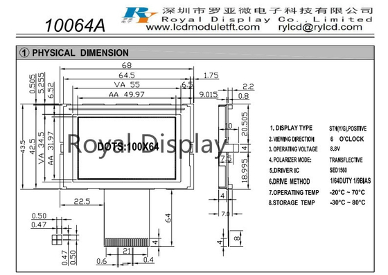 positivo monocromático gráfico da ESPIGA FSTN do módulo 8.8V de 100X64 STN LCD