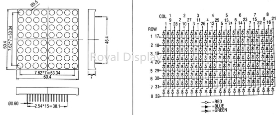 cátodo comum 60.2X60.2mm da exposição de diodo emissor de luz de 300mcd 8X8 Dot Matrix