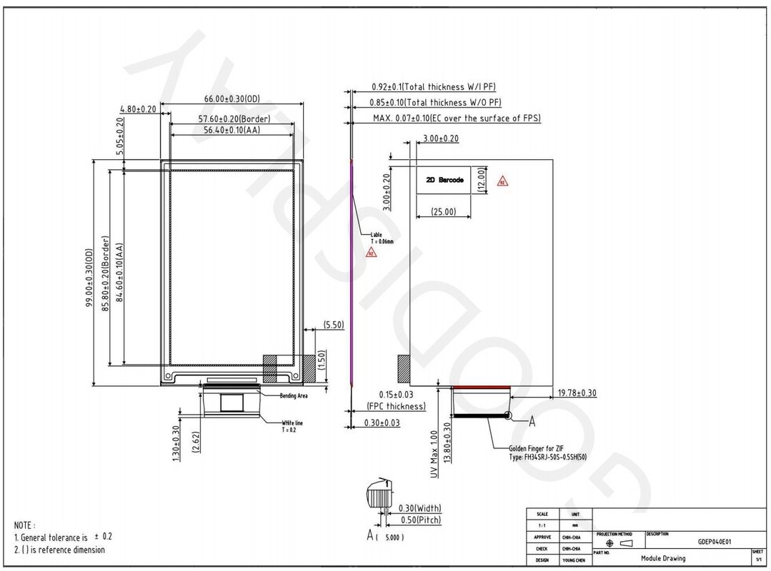 4.0'' 400*600 ecrã de papel eletrónico padrão refletor a cores completas