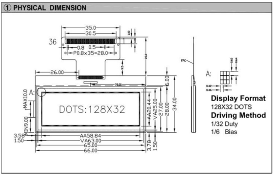 Modulo LCD gráfico 128*32 NT7534 com retrovisor industrial de conector FPC