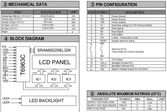 128*64 Modulo gráfico LCD STN T6963C Com retrovisor industrial monocromático personalizável
