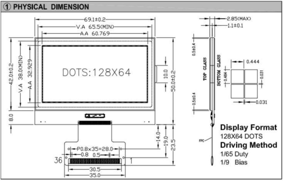 128*64 Modulo gráfico LCD FPC Interface ST7565 3,3v Exibição industrial de alta temperatura