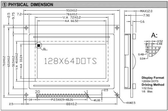 Conector 20PIN 128*64 Modulo gráfico LCD Monocromo STN Cor opcional com luz de fundo