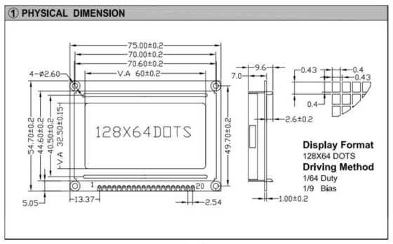 128*64 Modulo gráfico LCD Cor Opcional 20 PIN AT0107/AT0108 STN Display de temperatura larga Utilização industrial