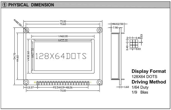 Modulo LCD gráfico STN 128*64 com luz traseira LED Monocromo 20 pin ST7565 3.5v Display Industrial