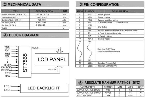 Modulo LCD gráfico STN 128*64 com luz traseira LED Monocromo 20 pin ST7565 3.5v Display Industrial