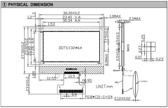 132*64 Modulo gráfico LCD FSTN NT7534 FPC Connector Industrial Display 3.5v