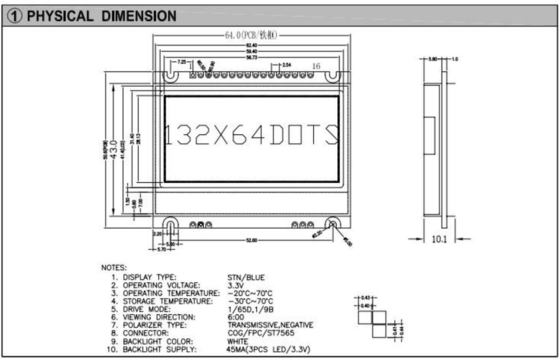 Módulo LCD gráfico STN azul de largura de temperatura 6H e negativo industrial com PCB