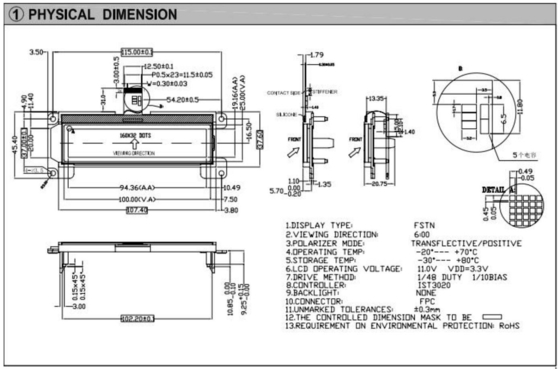 160*32 Módulo gráfico LCD FSTN 6H Exibição industrial transflectiva positiva de larga temperatura