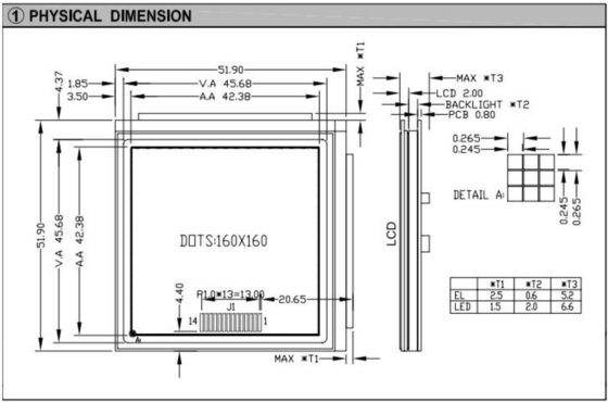Modulo LCD gráfico quadrado 160*160 com PCB de luz de fundo NT7701 Exibição industrial de alta temperatura