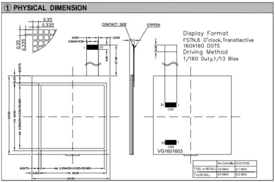 160*160 Modulo gráfico LCD FSTN 6H Transflector 60*60mm Quadrado Display Industrial Com Backlight