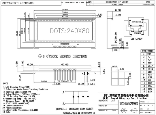 240*80 Módulo gráfico LCD FSTN 6H Display industrial de temperatura super larga MOQ baixo