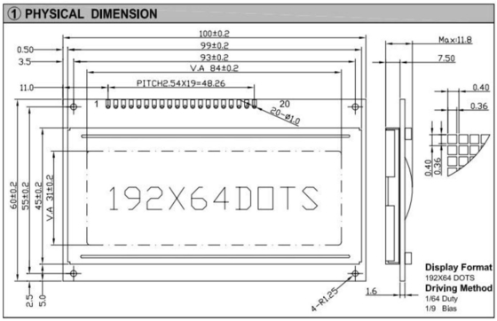 Modulo LCD gráfico STN de visão larga AT0107 com iluminação industrial