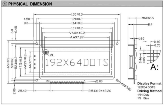 Modulo LCD gráfico 192*64 Conector STN PIN de grande porte com luz de fundo AT0107 AT0108 Exibição industrial