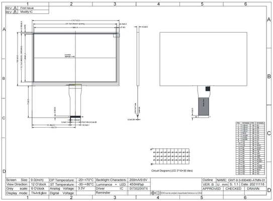 9.0'' TFT LCD Module Wide Temperature 800*RGB*480 12H Transmissive Display personalizado