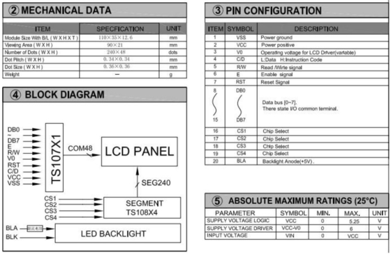 240*48 Módulo LCD gráfico STN com retrovisores de PCB de luz de fundo TS107/TS108 Display industrial