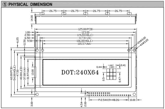 240*64 Modulo LCD gráfico FSTN com PCB de grande tamanho