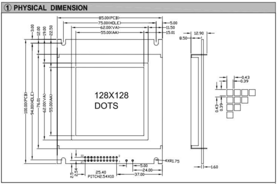 128*128 FSTN Gráfico Módulo LCD monocromático AT0107 22 pin Industrial Display