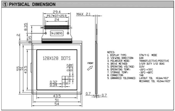 128*128 Modulo gráfico LCD STN Amarelo Verde Ampla Temperatura 6H Display Industrial