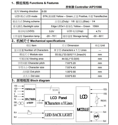 8*1 Modulo LCD de caracteres 6H STN Amarela-verde Temperatura ampla positiva com backlight Industrial Display