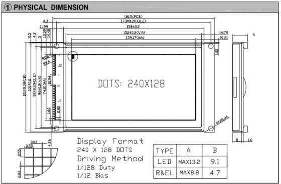 240*180 Módulo LCD gráfico FSTN com backlight e ecrã industrial de alta temperatura