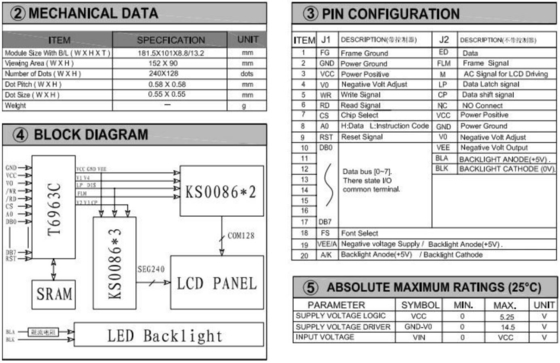 240*180 Módulo LCD gráfico FSTN com backlight e ecrã industrial de alta temperatura