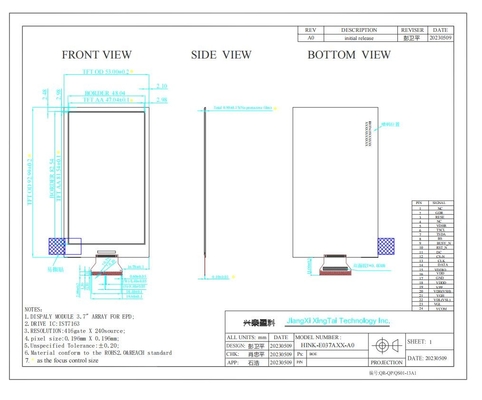 3.7'' EPD 240*416 4 Display de papel eletrónico a cores para sistema de etiquetas eletrónicas de prateleira