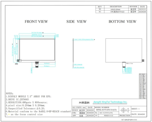 7.5'' EPD 800*480 4 Cor Alto Contraste JD79665 Hitech E-Paper Display