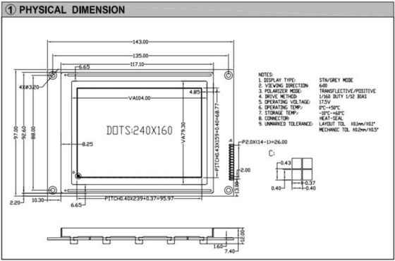 240*160 gráfico STN Modulo LCD cinzento Transflectivo Display industrial 6H positivo