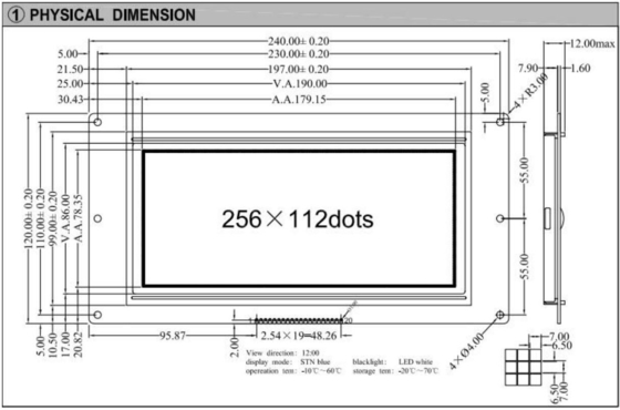 256*112 Módulo gráfico LCD 12H STN Blue Wide Temperature Industrial Display