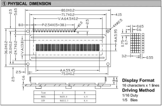 16*1 1601 STN Modulo LCD de caracteres ST7066 Com ecrã industrial de luz de fundo