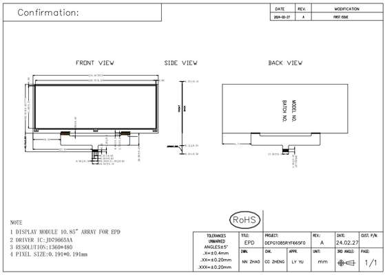 10.85' 4 cores BWRY E-paper display 1360*480 alto contraste EPD DKE
