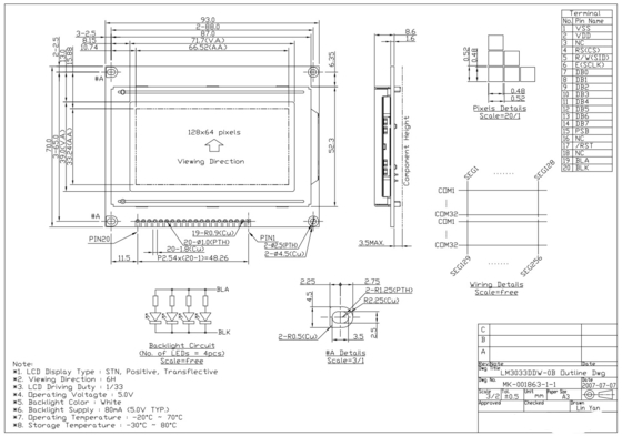 STN Positivo 128*64 Gráfico ST7920 6H Modulo LCD de ampla temperatura LM3033DW