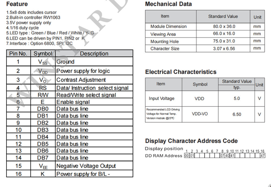 16*1 Caracter Monocromo SPI Interface Wide Temperature VATN LCD Module