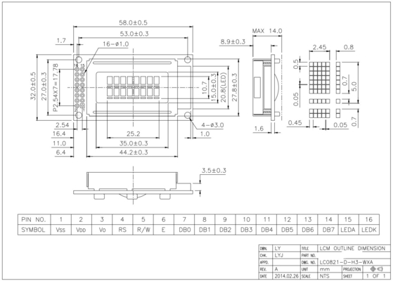 Módulo LCD de largura de temperatura de 8*2 caracteres STN monocromático 6H