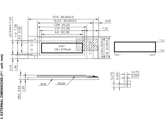 0.91' 128*32 OLED monocromático de ampla temperatura com módulo LCD PCB