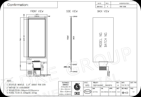 2.9' 296*128 Interface MCU Matrix ativa E-Paper display EPD