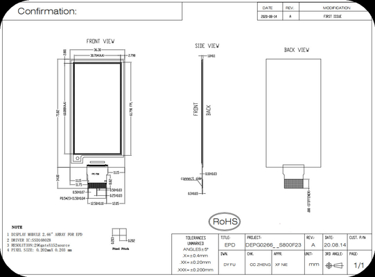 2.66'' 152*296 SSD1680Z8 Interface SPI E-paper display EPD