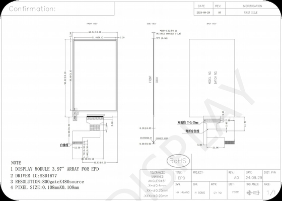 3.97' 4 cores 800*480 SSD1677 E-paper display EPD
