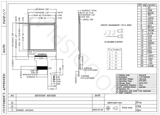 1.54'' 200*200 interface SPI monocromática e-paper display EPD
