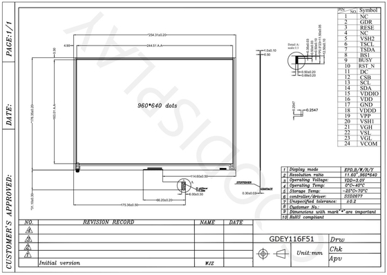 11.6' 960*640 4 Cor E-paper Display SPI Interface EPD